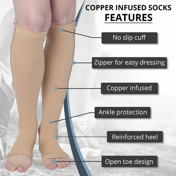 Zipper Compression Socks with Open Toe (XXL) Tan 95% Nylon 5% - Picture 9 of 9